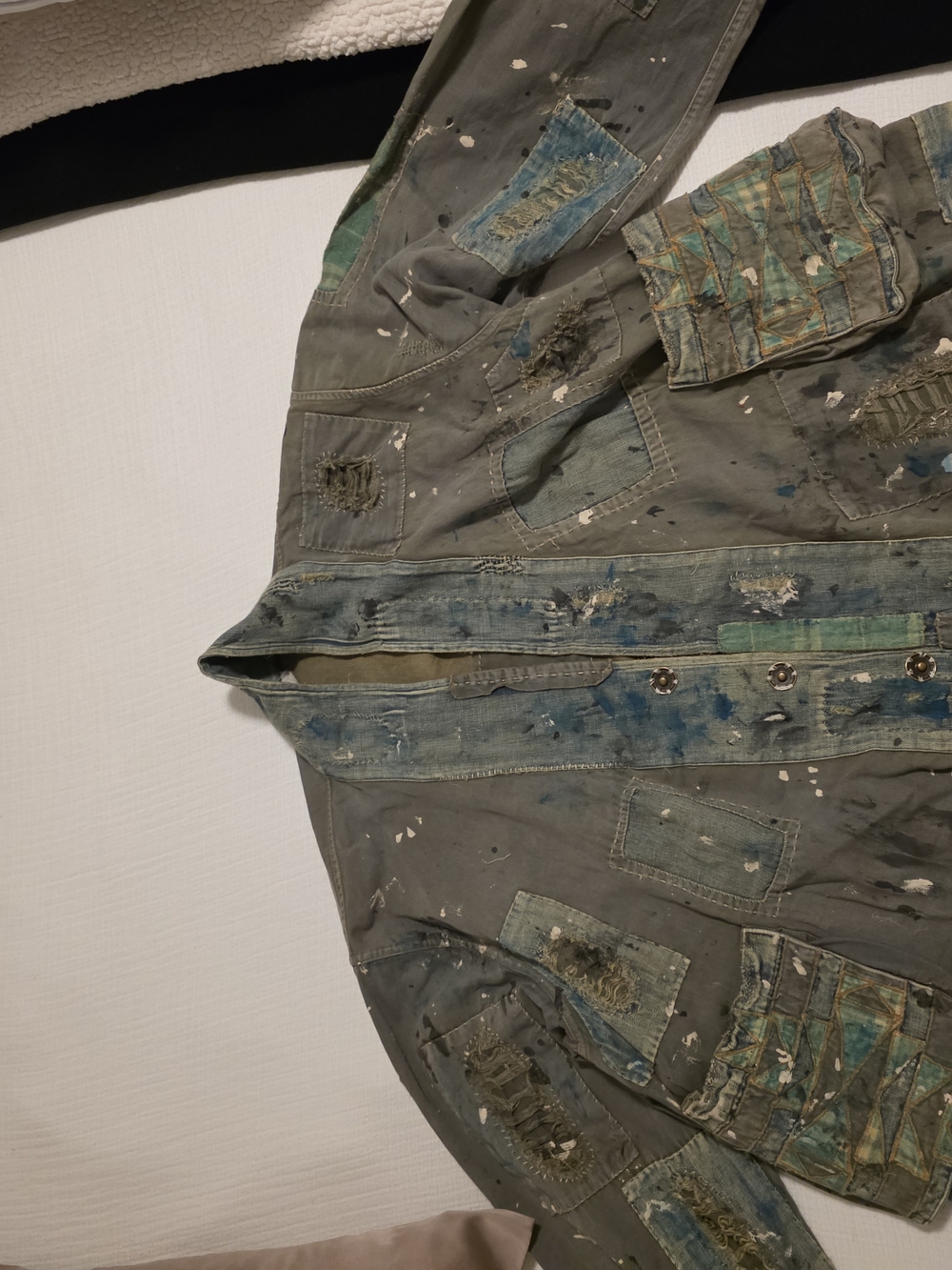 Magnolia Pearl-Distressed Patchwork Jacket with Paint Splatter